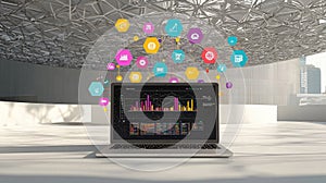 Data analysis laptop, modern office, network