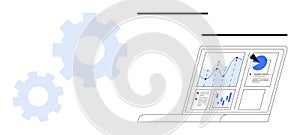 Data Analysis on Laptop Screen with Gear Icons Representing Optimization and Workflow Automation
