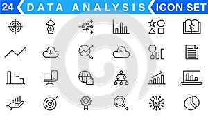 Data analysis line icons set. Analytics, server, mining, data filter, traffic, AI, hosting, monitoring. Statistics and analytics