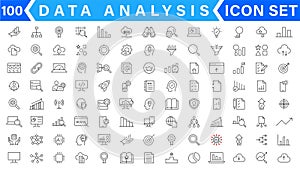 Data analysis line icons set. Analytics, server, mining, data filter, traffic, AI, hosting, monitoring. Statistics and analytics