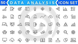 Data analysis line icons set. Analytics, server, mining, data filter, traffic, AI, hosting, monitoring. Statistics and analytics