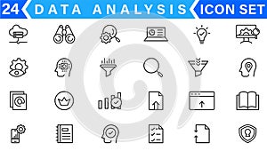 Data analysis line icons set. Analytics, server, mining, data filter, traffic, AI, hosting, monitoring. Statistics and analytics