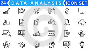 Data analysis line icons set. Analytics, server, mining, data filter, traffic, AI, hosting, monitoring. Statistics and analytics