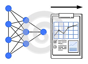 Neural Network Data Processing and Analytics Diagram with Statistical Growth Chart