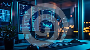 Data analysis on multiple screens in modern office at night