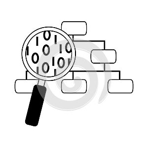 Data analysis, organization chart magnifier development line icon