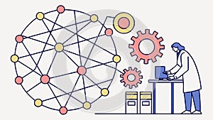 Data Analysis: Person Interacting with Gears and Network Nodes, vector design Generative AI