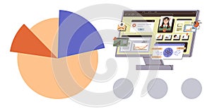 Data Analysis with Pie Chart and Digital Dashboard on Computer Screen