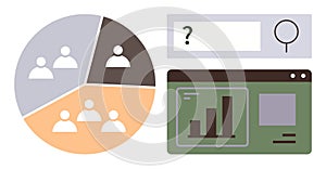 Data Analysis with Pie Chart Segments, Magnifying Glass, and Bar Graph Interface