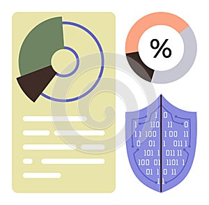 Data analysis with pie chart, statistics, and cybersecurity shield for secure information visualization