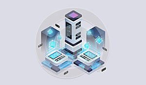 Data analysis processing big data computing, information flow,digital science lab. Tech visualization concept. 3d isometric vector