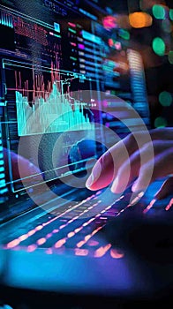 Data analysis in progress on a laptop with vibrant visualizations at night