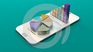 Data analysis reports on a smartphone screen. 3d illustration