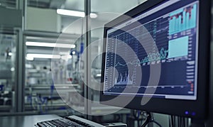 Data analysis screen in laboratory environment, displaying graphs and statistics. Modern lab equipment visible in