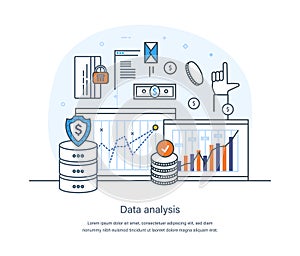 Data analysis, secure database business data protection technology and cloud network security concept. Personal data, internet