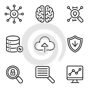 Data analysis and security icons set brain cloud