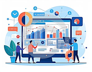Data analysis shown on screen w figures charts and standing figures