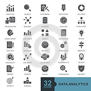 Data analysis, statistics, analytics minimal thin line, glyph, filled color, solid web icon set icons collection. Simple vector
