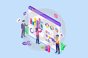 Data analysis and statistics concept. Business people team working on-screen graphic dashboard with charts and diagrams financial