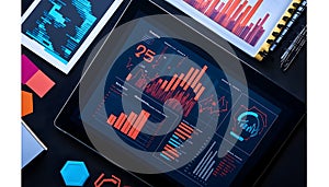 digital tablet displaying colorful business analytics charts and graphs surrounded by office supplies on black surface
