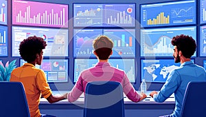 Data Analysis Team Analyzing Charts and Graphs on Multiple Screens