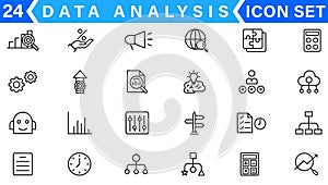 Data analysis thin line icon set. Data processing outline pictograms for website and mobile app GUI. Digital analytics simple UI,