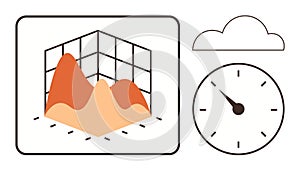 Data Analysis Concept with 3D Graph, Clock, and Cloud Statistics and Time Management