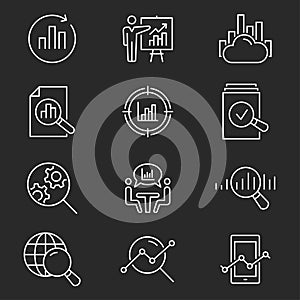 Data analysis vector icon set on black background.