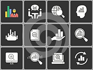 Data analysis vector icon set on black background.