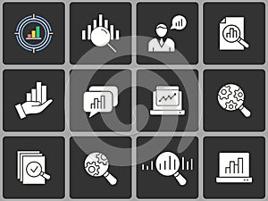 Data analysis vector icon set on black background.