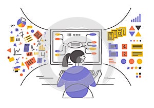 Data analysis vector Illustration with young woman sitting in front of big computer monitor sorting information