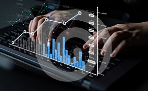 Data analysis and visualization concept showing financial growth on a laptop screen with graphs and charts in a modern