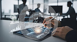 Data analysis and visualization on digital tablet in modern office setting
