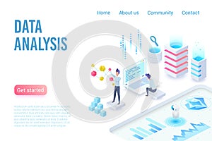 Data analysis and visualization isometric landing page vector template