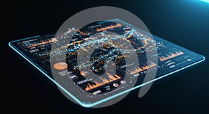 Data Analysis Visualization Tablet Futuristic tablet displays dynamic data analysis visualization showcasing interconnected