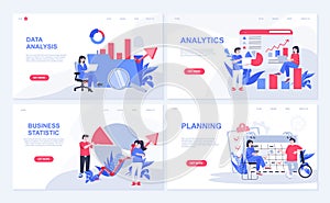 Data analysis web concept for landing page in flat design. Business statistics report and analytics chart research, planning