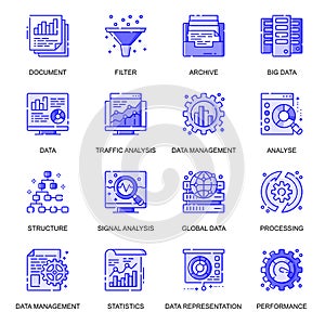 Data Analysis web flat line icons set. Pack outline pictogram