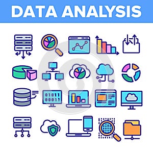 Data Analysis, Web Storage Linear Vector Icons Set