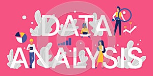 Data analysis word concept vector illustration, cartoon flat tiny business analyst or customer characters working with