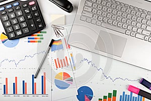 Data analysis - workplace with business graphs and charts photo