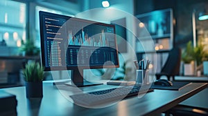 Data analysis workspace with computer and graphs
