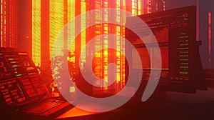 Data analysis workspace with futuristic coding interface at sunset