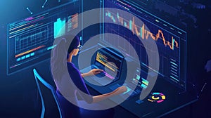 Data analysis workspace with multiple screens, graphs, and charts