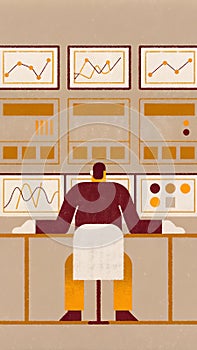 Data analyst monitoring multiple screens with analytics and graphs in modern workspace