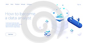 Data analyst or scientist concept in isometric vector illustration. Big data analysis or information processing and analytics. Web