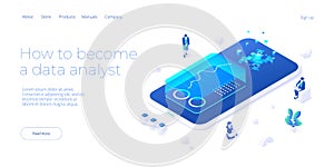 Data analyst or scientist concept in isometric vector illustration. Big data analysis or information processing and analytics. Web