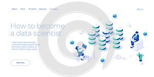 Data analyst or scientist concept in isometric vector illustration. Big data analysis or information processing and analytics. Web