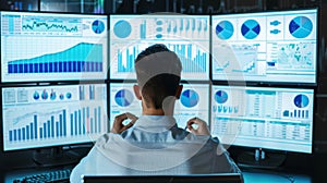 a data analyst working with multiple monitors showing various