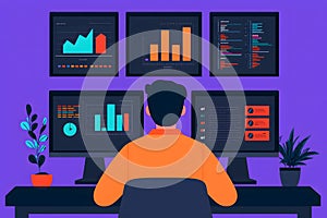 Data Analyst Working on Multiple Screens  Charts  Graphs  and Code