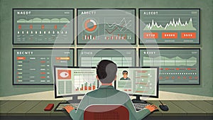 Data analyst working on multiple screens displaying graphs and metrics, showcasing analytics and performance trends